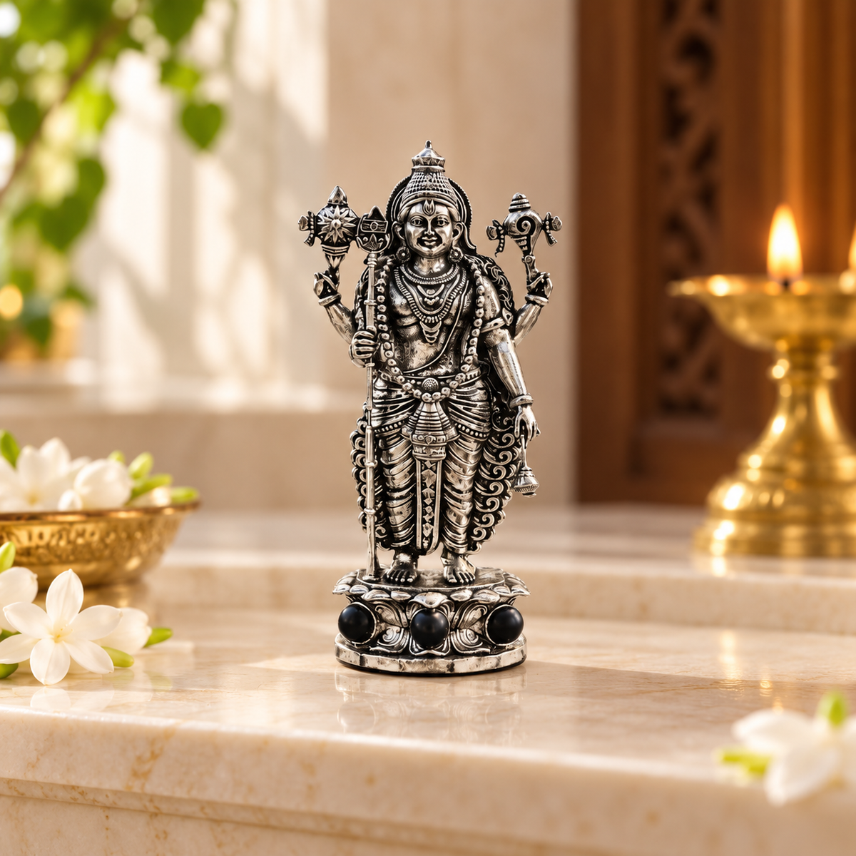 Divine Murugan With Karungali Beads Murti - Silver Plated