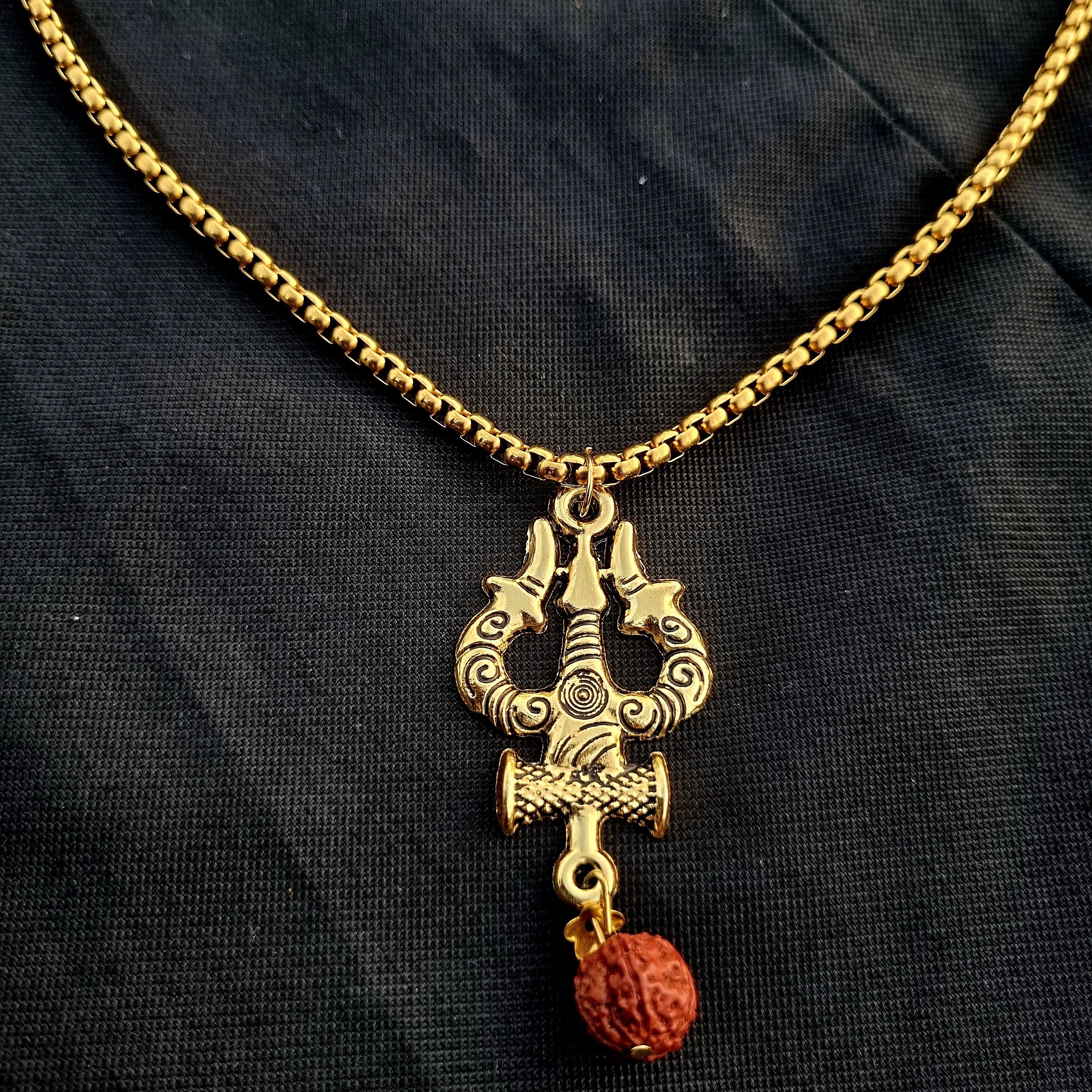 Gold Plated Trisul Pendant with Necklace Chain