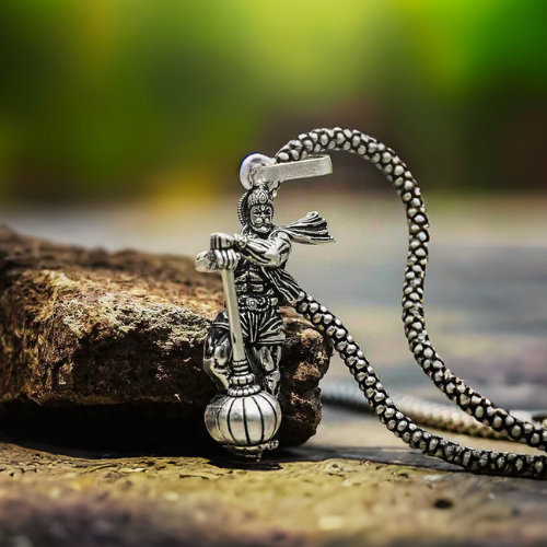 Hanuman With Gada Locket With Silver Plated Chain