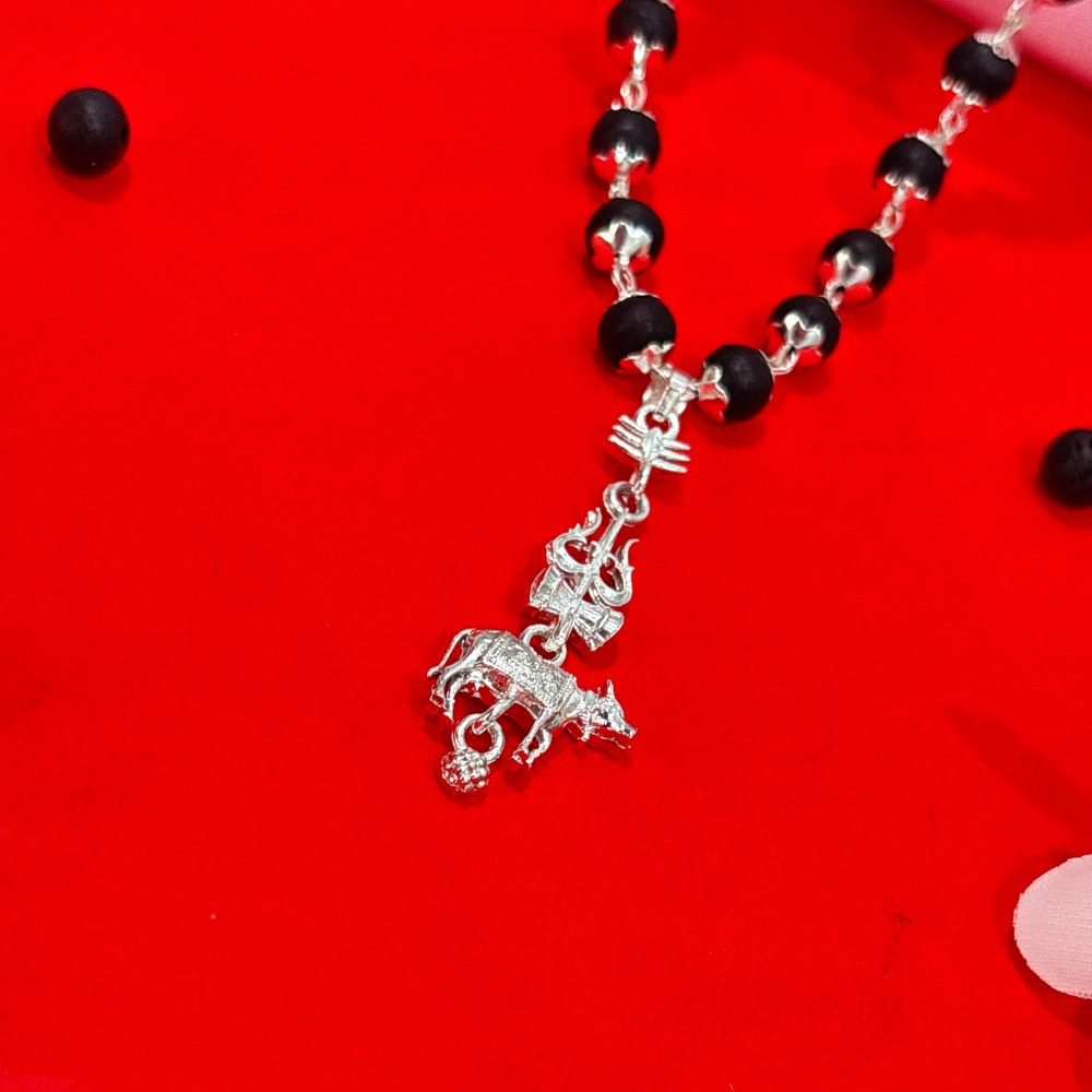 Shiv Trishul Nandi Pendant & Karungali Silver Cap Malai ( Varanasi Locket )