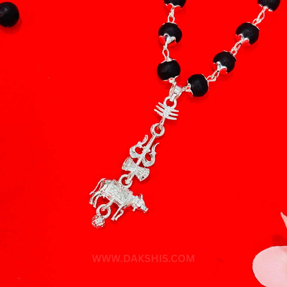 Shiv Trishul Nandi Pendant & Karungali Silver Cap Malai ( Varanasi Locket )