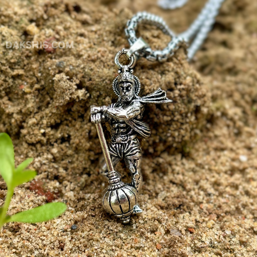 Hanuman With Gada Locket With Silver Plated Chain