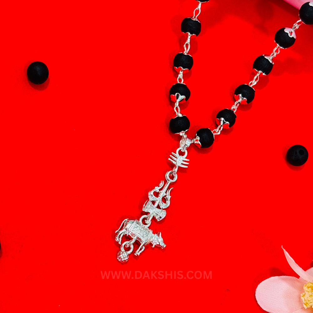 Shiv Trishul Nandi Pendant & Karungali Silver Cap Malai ( Varanasi Locket )