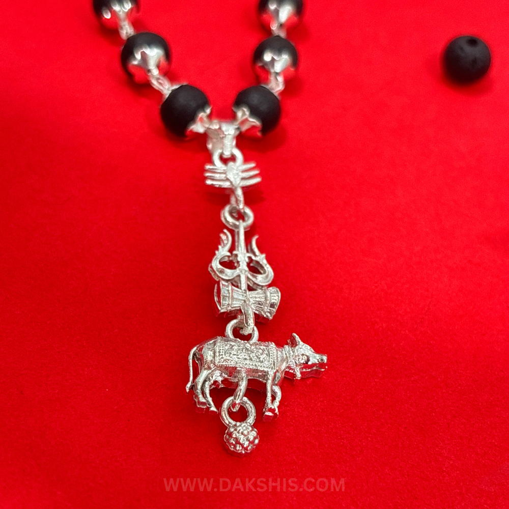 Shiv Trishul Nandi Pendant & Karungali Silver Cap Malai ( Varanasi Locket )