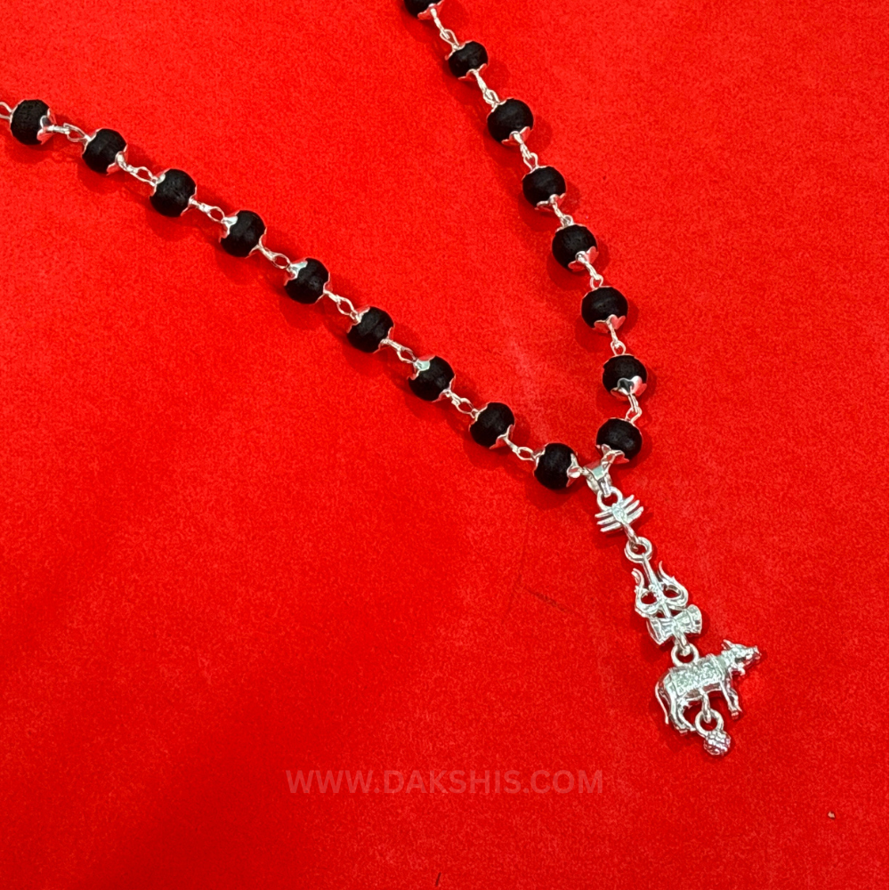 Shiv Trishul Nandi Pendant & Karungali Silver Cap Malai ( Varanasi Locket )