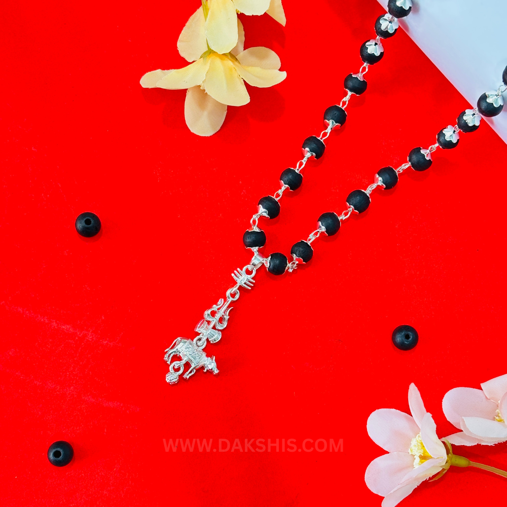 Shiv Trishul Nandi Pendant & Karungali Silver Cap Malai ( Varanasi Locket )