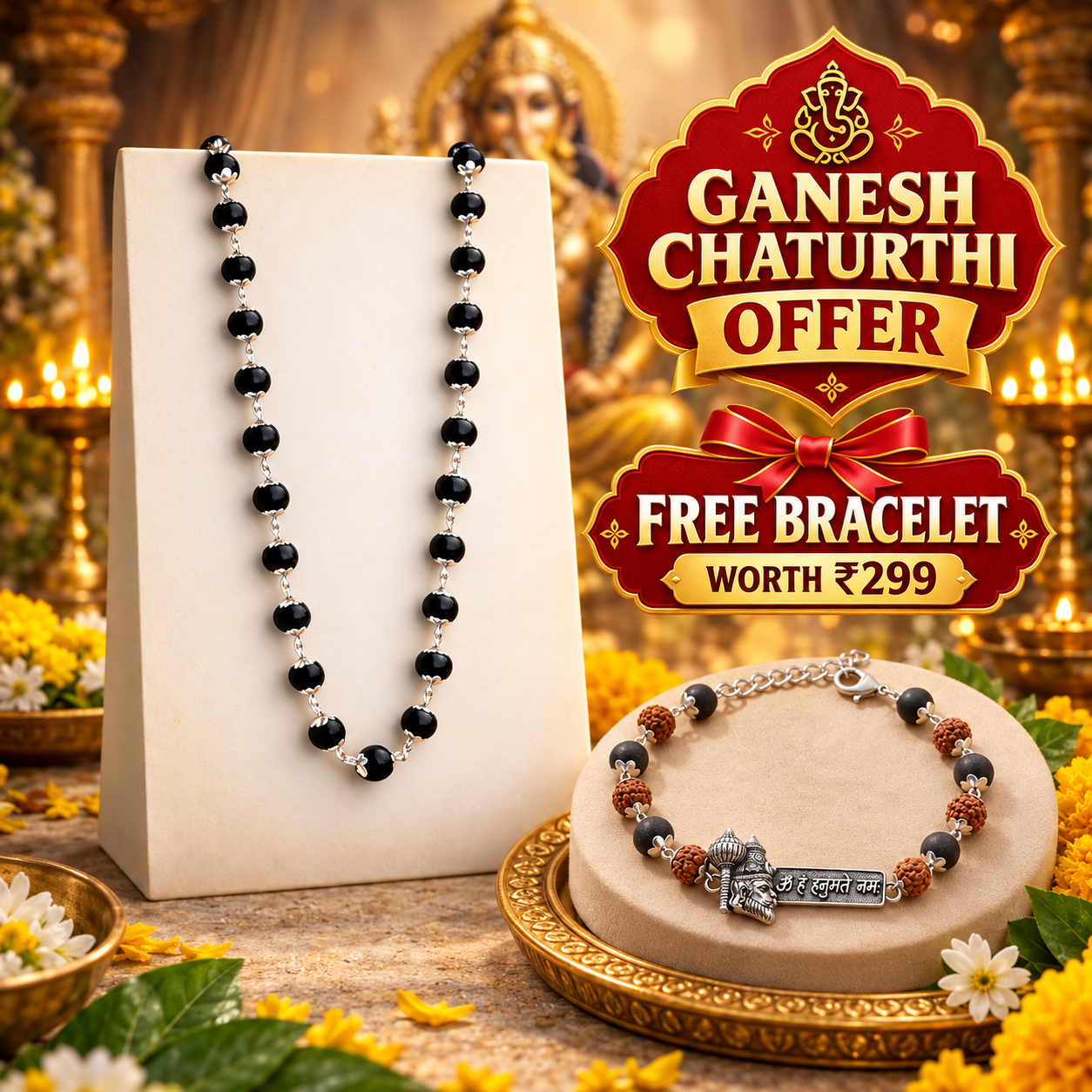 Karungali Silver Cap Malai - Certified ( Free Bracelet )