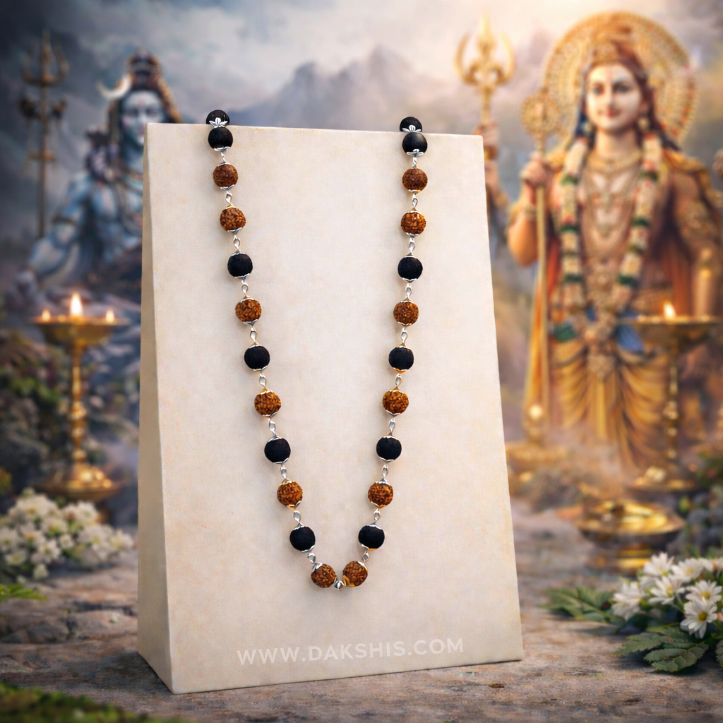Silver Plated Rudraksha Karungali Mala ( Free Trishool Locket )