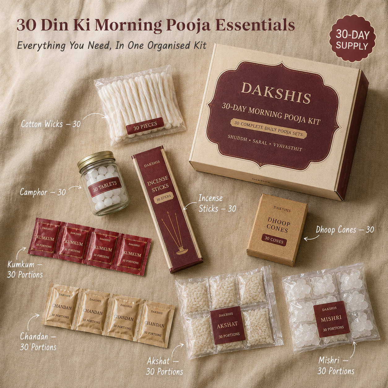 Dakshis 30-Day Complete Morning Pooja Kit - Everything You Need in One Box