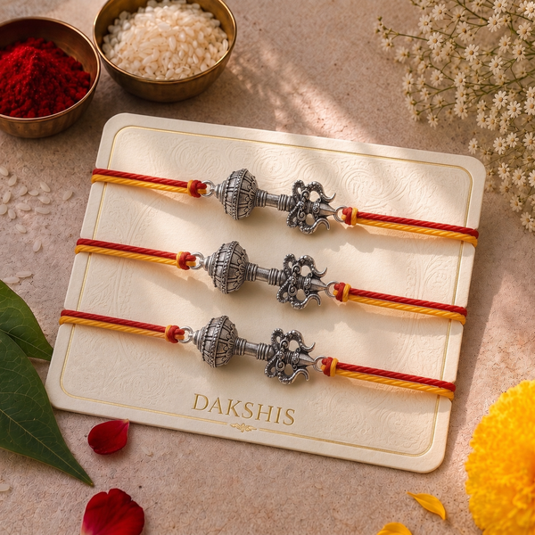 Trishool Gada Raksha Rakhi - Silver Plated ( 3 Rakhi )