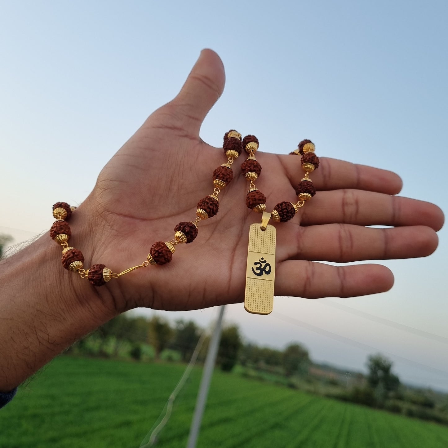 Gold Plated OM Pendant with Rudraksha Chain – DAKSHIS
